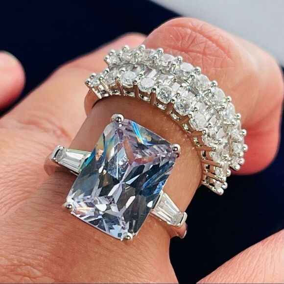 Set 2 Ring Silver 925 Emerald Cut - Picture 1 of 5